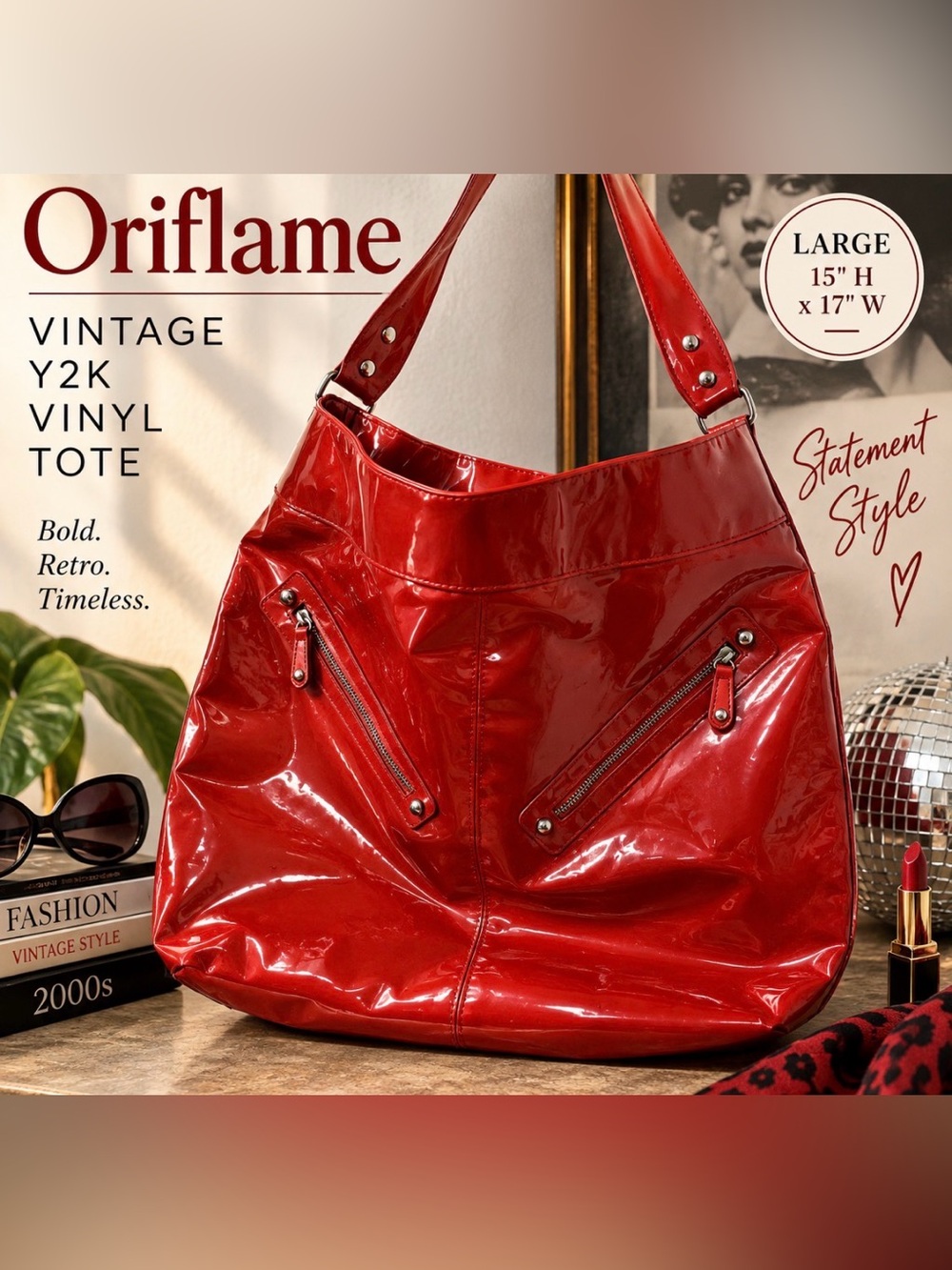 Retro/ Glossy Red Vinyl Patent - Tote Bag with Front Zip Pockets